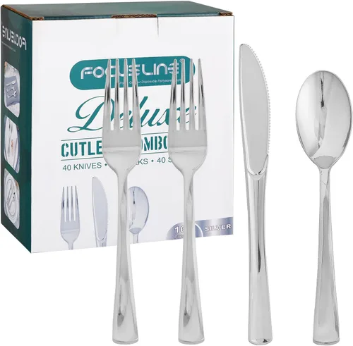 Miniatura 8 de FOCUSLINE Juego de 160 cubiertos de plástico dorado, incluye 80 tenedores dorados, 40 cuchillos, 40 cucharas, cubiertos desechables de plástico