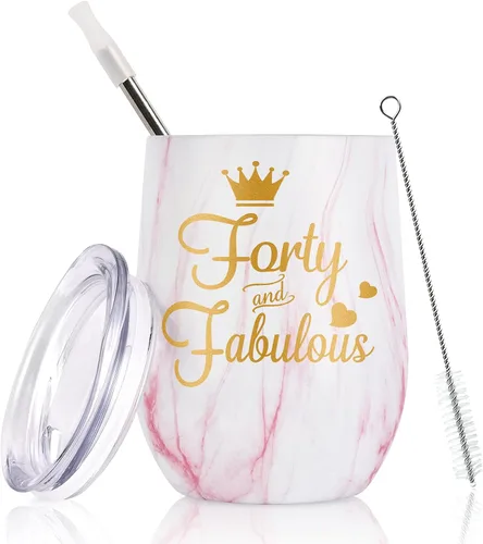 GINGPROUS Regalos de cumpleaños número 40 para mujeres, esposa, mamá, amigas, compañeras de trabajo, vaso de vino de cuarenta y fabulosos para 40