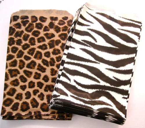 100 bolsas de papel pequeñas de 4 x 6 pulgadas, 50 bolsas de papel de leopardo y 50 cebra, estampado de animales de cebra, regalo para fiestas,