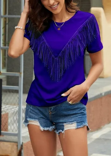 Miniatura 5 de PESION Camisas de manga corta con flecos para mujer, blusa con ribete de borlas