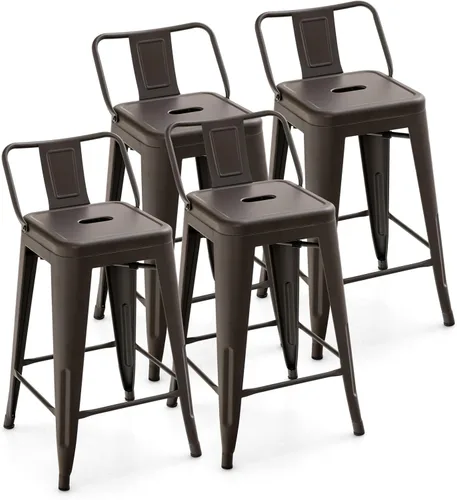 COSTWAY Juego de 4 taburetes de bar de metal, con respaldo extraíble, taburetes de altura de mostrador de 24 pulgadas con patas de goma, sillas