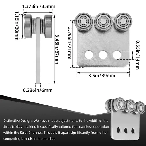 Miniatura 3 de 2 piezas de conjunto de rodillos de carrito de 6 ruedas SKTREX, conjunto de carrito de seis rodamientos para unistrut de 1-5/8" de ancho y todos