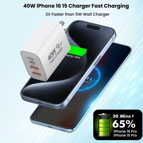 Miniatura 2 de Bloque de cargador de 40 W para iPhone 16 y 15, paquete de 2 cubos de carga rápida, 4 puertos USB tipo C de carga de pared PD&QC, adaptador de Apple