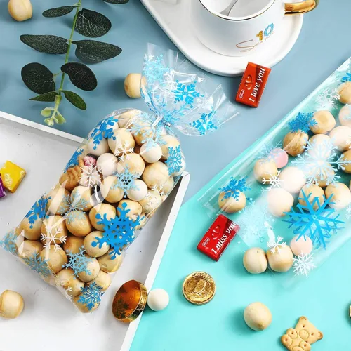 Miniatura 4 de Blulu 200 bolsas de regalo de celofán con copos de nieve de invierno, bolsas de plástico con lazos giratorios para Navidad, país de las maravillas