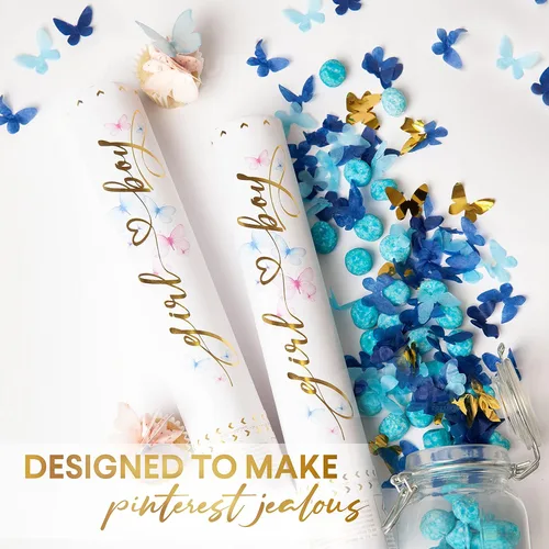 Miniatura 8 de PrimePure Cañón de confeti de revelación de género, papel azul mariposa, paquete de 2