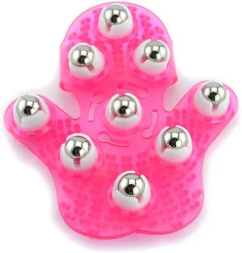 Samyo Guante para masajes en forma de mano, masajeador corporal con 9 rodillos de 360 grados, bola giratoria metálica, cuidado para el cuerpo, Rosa