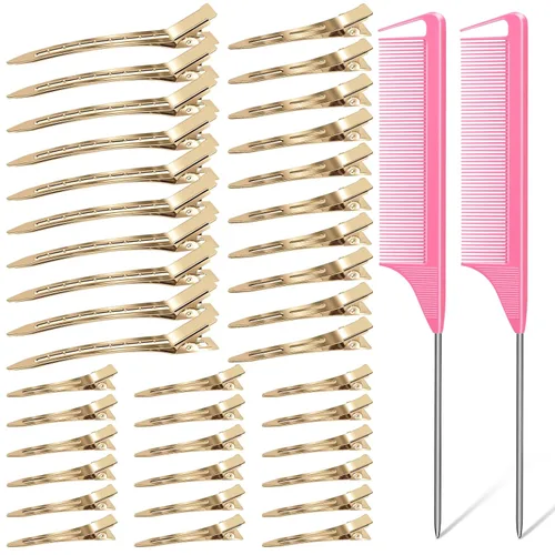 Miniatura 10 de MORGLES - 3 tamaños de pinzas de metal para el cabello, 70 unidades, pinzas de cocodrilo sin arrugas para rodillos de pelo con 2 peines de Plateado