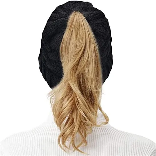 Miniatura 4 de Rosoz Gorro de cola de caballo para mujer, gorro cálido de invierno, suave, elástico, de punto trenzado, para moño alto