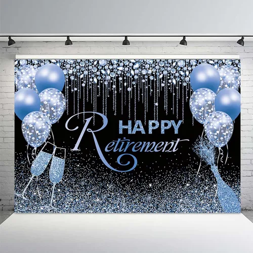 Miniatura 2 de MEHOFOND Telón de fondo de feliz jubilación, globo de diamante con purpurina negra y azul, fondo de fotografía azul brillante, felicitaciones