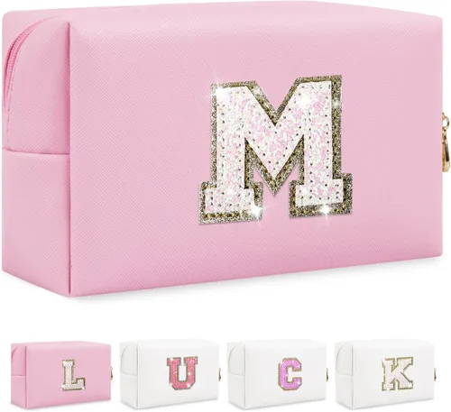 Miniatura 28 de Bolsa de maquillaje con parche de letra inicial personalizada, bolsa de cosméticos de chenilla preppy con letra de chenilla con cremallera, Y