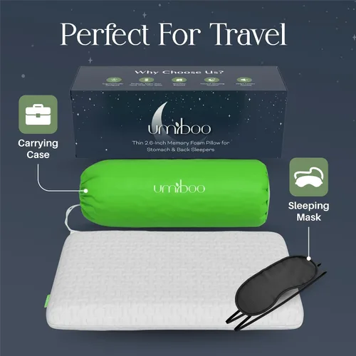 Miniatura 7 de Focus Umiboo - Almohada de espuma viscoelástica de gel de perfil bajo de 2.6 pulgadas para personas que duermen boca abajo o de espalda con funda