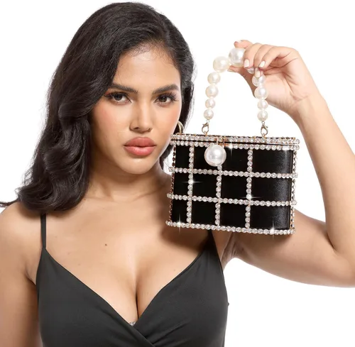 Miniatura 3 de Boutique De FGG Elegant Evening Handbag with Pearl Rhinestone Bucket Bag Crystal Clutch Purses for Wedding Party Small Tote