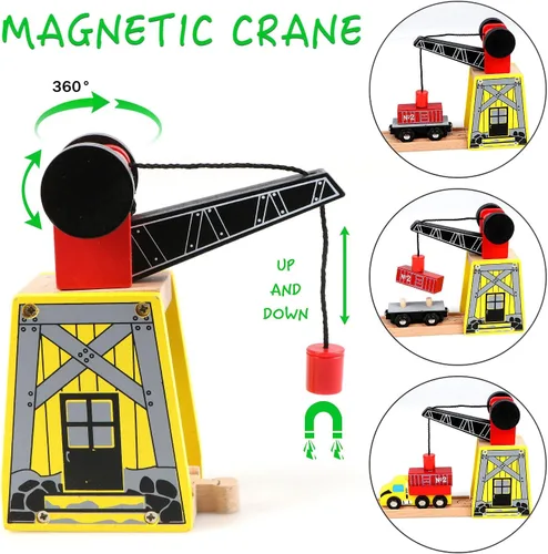 Miniatura 3 de Juego de trenes de madera Qilay para niños pequeños - 39 piezas de vías de tren de madera con grúa, puente y 5 trenes de madera - Juguetes de trenes