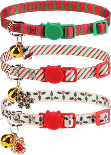 Collares Navideños Separables para Gatos con Campana y Bonitos Colgantes - Paquete de 3 Collares de Seguridad Ajustables para Gatitos - Collar