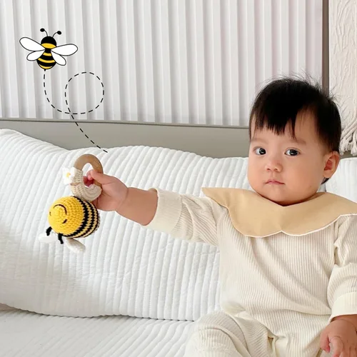Miniatura 2 de DICHA Crochet Bee Baby Rattle - Juguete sensorial para bebés, ideal para baby shower, incluye anillo de dentición de haya Abeja