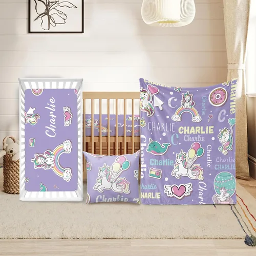 Miniatura 31 de Juego de ropa de cuna personalizado Duckbe - Diseño de oso con nombre personalizado para guardería de bebé, juego de 3 piezas - Manta suave