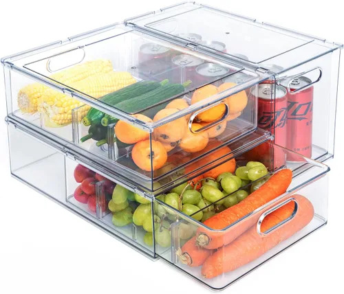 Miniatura 8 de Mano Paquete de 3 contenedores apilables extraíbles para nevera con asa, organizador transparente para almacenamiento de alimentos, caja