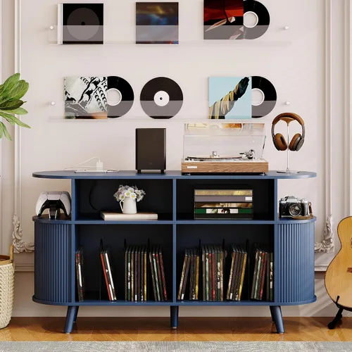 Miniatura 12 de Garvee 35'' Fluted Mid Century Modern Turntable Cabinet, Large Round Record Player Stand with Charging Station and Display Shelf, Arched Wood Record