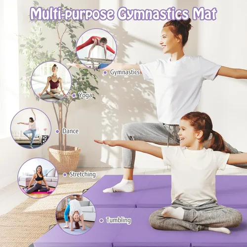 Miniatura 3 de GYMAX Colchoneta de gimnasia, 4 x 8 x 2 pulgadas, plegable, gruesa, con asas de transporte y costuras resistentes, cubierta de piel sintética Púrpura