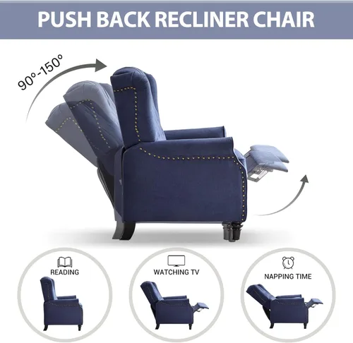 Miniatura 3 de Bonzy Home Sillón reclinable orejero de empuje hacia atrás, sillón tapizado de respaldo alto con patas de madera maciza, decoración con remaches