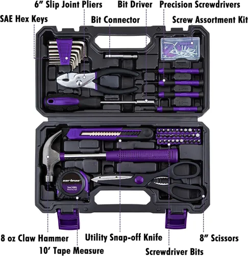 Miniatura 2 de CARTMAN Kit de herramientas para el hogar, herramientas manuales básicas para el hogar con estuche de almacenamiento, color morado Púrpura & Negro