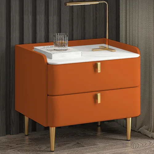 Miniatura 14 de WOLWES Mesita de noche, mesa auxiliar con almacenamiento, mesita de noche de madera maciza con 2 cajones, parte superior de mármol sintético