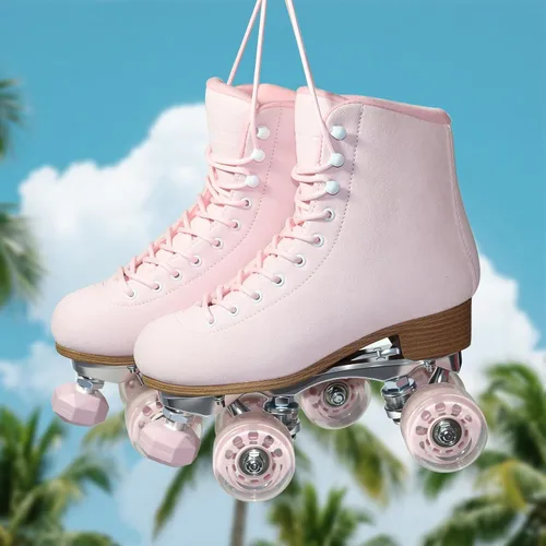 Miniatura 5 de Patines de ruedas para mujer o hombre con topes de goma ajustables en altura, patines retro de gamuza cuádruples para exteriores e interiores Rosa