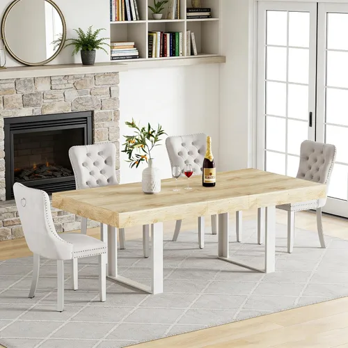 Miniatura 33 de Juego de mesa de comedor extensible de 5 piezas para 4, mesa de cocina de madera marrón de 63-78.7 pulgadas con 4 sillas acolchadas beige, juego