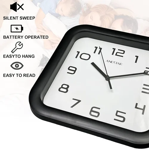 Miniatura 3 de Reloj cuadrado redondo, moderno, retro, silencioso, funciona con pilas, números arábigos precisos, diseño decorativo para el hogar, sala de estar