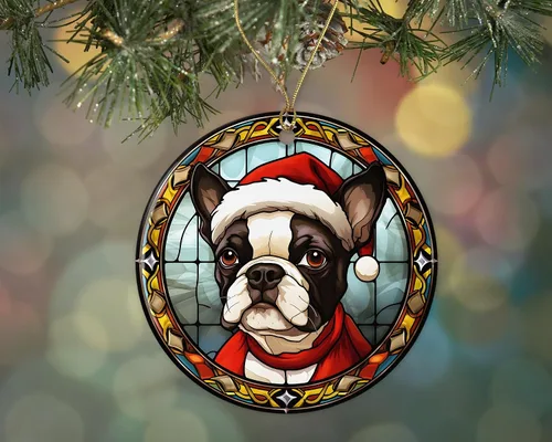 Boston Terrier - Adorno de cerámica de vitral de Navidad, adorno colgante para árbol de Navidad, adorno de vitral de perro, adorno religioso para
