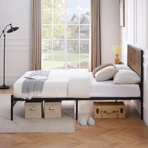 Miniatura 8 de IDEALHOUSE Base de cama Queen con cabecera de madera, marco de cama de metal con plataforma Queen con 14 listones de acero resistente, más