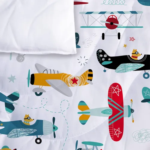 Miniatura 6 de Yasida Juego de edredón de avión para niños, tamaño individual, juego de ropa de cama de avión de dibujos animados coloridos para niños