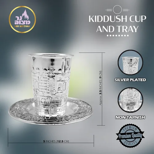 Miniatura 3 de Ner Mitzvah Kidush Taza y bandeja – Taza de vino niquelada de alta calidad – para Shabat y Havdalah – Judaica Shabbos y regalo de vacaciones