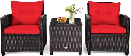 Miniatura 9 de HAPPYGRILL Juego de 3 piezas de conversación para patio, juego de muebles de exterior de ratán de polietileno con cojines extraíbles, sillas