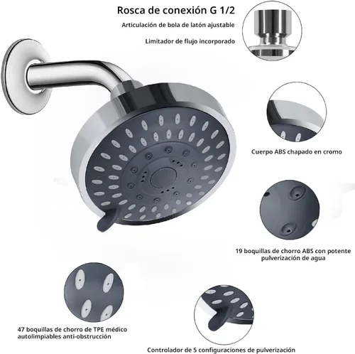 Miniatura 4 de Aisoso Cabezal de ducha fijo de alta presión con 5 ajustes con rótula giratoria de metal ajustable, experiencia de ducha relajada incluso con bajo