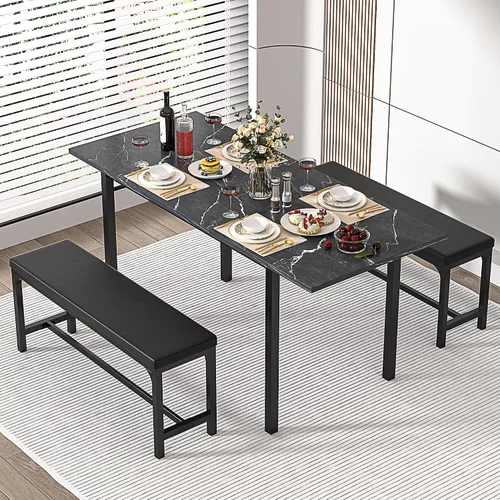 Miniatura 4 de VECELO Mesa de cocina extensible de 3 piezas de 63 pulgadas con bancos/sillas, moderno juego de desayuno/comedor para 4/6/2, diseño de ahorro