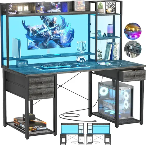 Miniatura 12 de Aheaplus Escritorio LED para Gaming con Hutch, 47.2'' Estación de Trabajo para Computadora, Negro