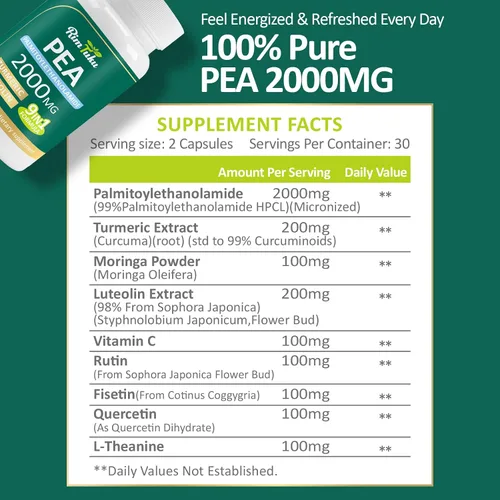 Palmitoiletanolamida liposomal 2000 mg + luteolina 200 mg + cúrcuma 200 mg y fisetina 100 mg, guisante micronizado 99% altamente purificado