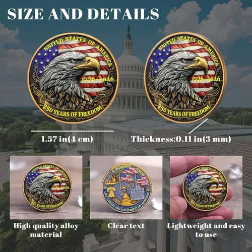 Miniatura 3 de Medalla Conmemorativa del 250 Aniversario de EE. UU. - Mercancía de América 250 con Águila Americana y Bandera de EE. UU. 250 Años de Libertad