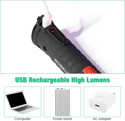 Miniatura 4 de Honoson - Juego de 4 luces de trabajo LED Honoson recargables con base magnética, gancho para colgar y rotación de 360°, 5 modos de linterna LED