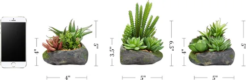 Miniatura 3 de Pure Garden Plantas suculentas artificiales, juego de arreglos de 3 piezas en macetas de piedra sintética y varios tamaños, vegetación realista