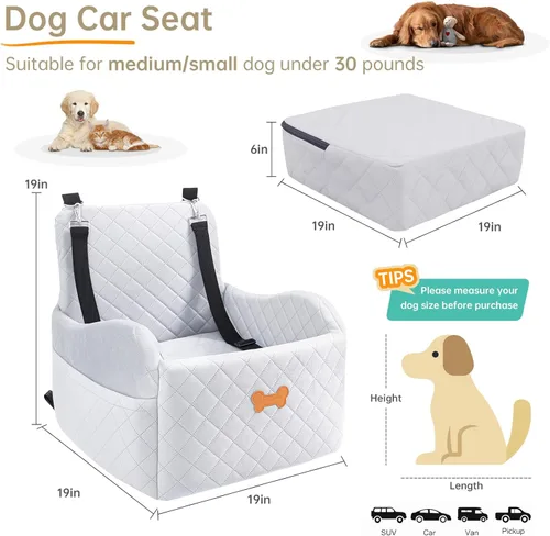 Miniatura 4 de Asiento de automóvil para perros pequeños, asiento elevador para perros con relleno de espuma viscoelástica gruesa con 2 correas de seguridad y Gris