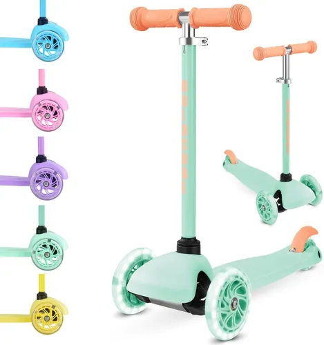 BOLDCUBE Teeny | Patinete de 3 ruedas color menta para niños y niñas de 3 a 6 años | Ruedas intermitentes | Altura ajustable de 53 a 70 cm | Mi