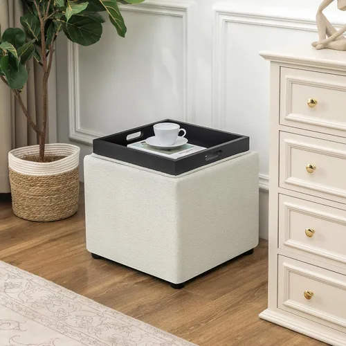 Miniatura 10 de Joveco Otomana Cuadrada con Almacenamiento con Bandeja, Pequeño Taburete de Reposapiés de Corderito, Mesa de Centro para Dormitorio y Sala de Estar