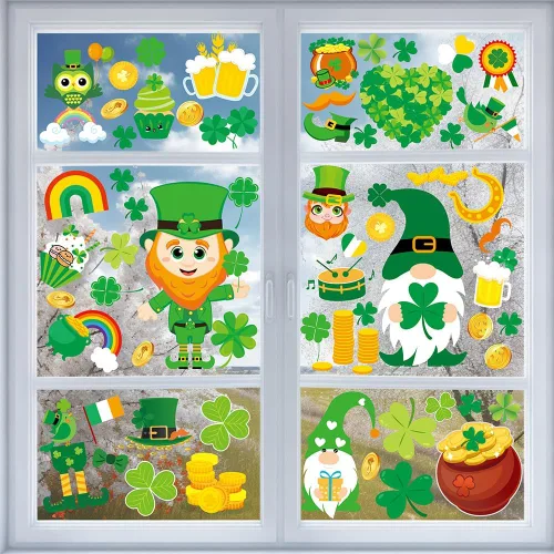 Miniatura 2 de AOWDIAO Calcomanías reutilizables de doble cara para ventana, duendes, tréboles, gnomos, monedas, decoración irlandesa festiva para ventanas
