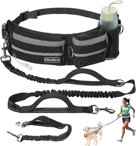 Miniatura 10 de Correa para perro con cinturón, costuras reflectantes, asas dobles, diseño retráctil elástico, perfecto para correr, negro, adecuado para perros