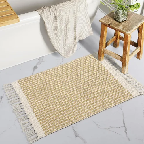 Miniatura 23 de Lahome Alfombras de baño bohemias, alfombra pequeña de 2 x 3 pies, alfombra ligera para entrada, alfombra de algodón tejida con borlas, alfombra