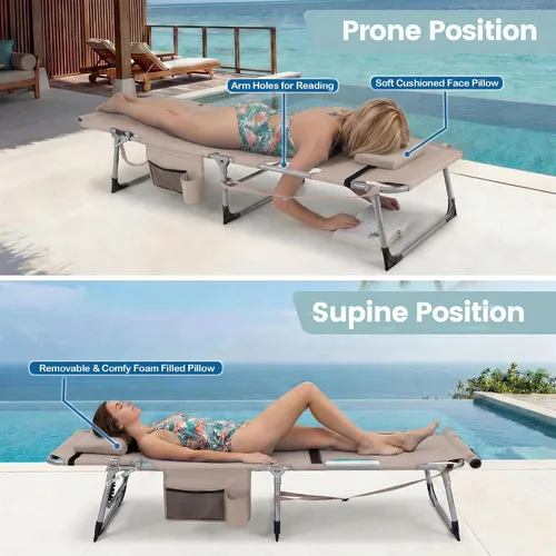 Miniatura 5 de Giantex Silla bronceadora, silla de playa de 330 libras con 5 posiciones ajustables, agujero para cara y brazo, correa para manos/hombros, almohada