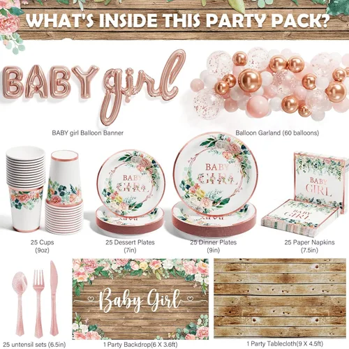 Miniatura 2 de Decoraciones de baby shower para niña, 249 piezas de suministros para fiesta de revelación de género y vajilla desechable (25 invitados) con platos