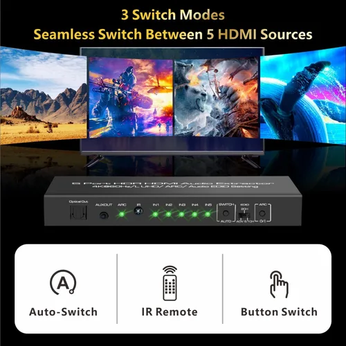 Miniatura 5 de 5 en 1 salida 4K @60Hz HDMI Switch Extractor de audio con óptico y salida de 0.138 in, divisor de audio HDMI 2.0 compatible con HDR 10, HDCP 2.2